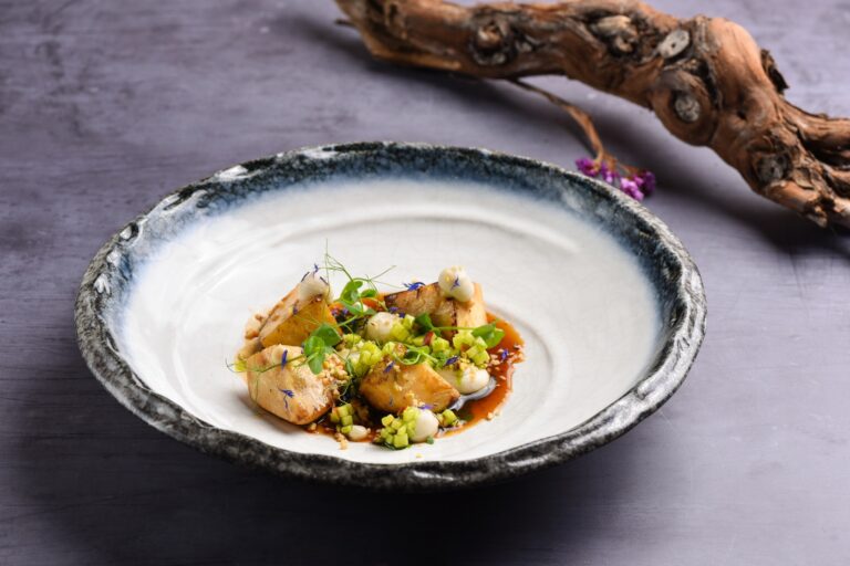 Celery steak glazed with vegetarian demi glace, porcini mushrooms, roasted hazelnuts, apples, celery puree with truffles