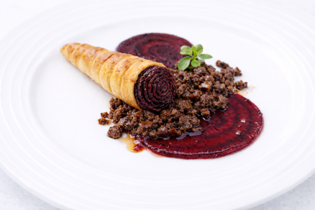 TR26p: Zeliščni kornetek, carpaccio rdeče pese, humus rdeče pese s klobasico