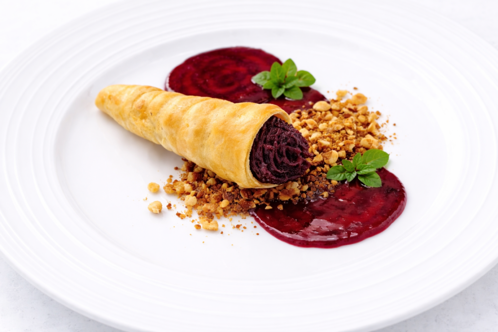 TR26p: Zeliščni kornetek, carpaccio rdeče pese, humus rdeče pese s praženimi lešniki, sezonsko mlado zelenje